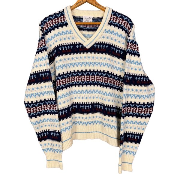 Vintage 80s Fair Isle Knit Sweater Cabincore V Neck Pullover Cozy Retro Knitwear - Picture 1 of 9